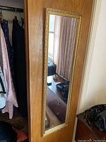 Full view of the mirror mounted on a wooden door, showing overall size and frame design.