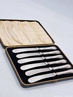 Set of seven sterling silver butter knives in a fitted case showing knives neatly arranged.