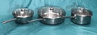 Overview of three Wolfgang Puck pans, two saucepans and one frying pan all with lids, arranged on a teal surface.