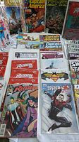 Overhead view of various comic magazines in protective sleeves including Robin, Spider-Stan, Captain America, Swamp Thing, and Turok.