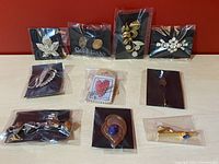 Top view of all jewelry pieces individually bagged and laid flat showing variety of brooches, pins, and bracelet.