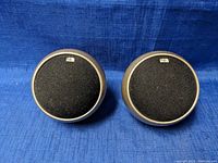 Front view of two spherical speakers with black mesh grilles set against blue background.