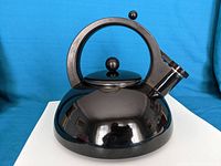 Side view of the black enamel steel whistling kettle with prominent circular handle and knob on lid.