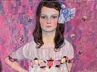 Close-up view of the top half of the Klimt exhibit poster showing the woman in a white dress with floral detailing on a purple-pink background.