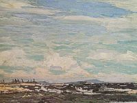 Close-up of the lithograph print showing brushstroke-like details of the sky and shoreline depicting clouds and trees.