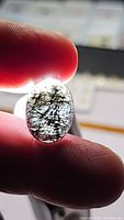 Photo showing the oval cabochon quartz held between fingers with light passing through to reveal black tourmaline needle inclusions inside.
