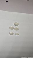 Five oval cabochon white moonstones arranged on a white background showing translucency and flash under light.