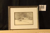 Full view of the framed black and white farm scene print by Peter Sculthorpe with double matting.