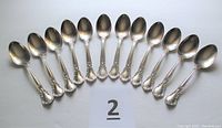 Twelve teaspoons arranged in a fan to show full set