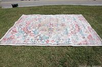 Full view of the large rectangular rug laid flat on grass showing overall design and color.