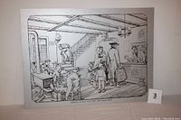 Full view of the original ink sketch showing the detailed interior scene of people arriving at an old-time inn.