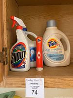 Shelf with Shout spray stain remover, Tide Free & Gentle detergent, Clorox bleach, and Tide handheld electronic laundry aid device.