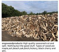 Large piles of cut and split firewood logs showing mixed hardwood species