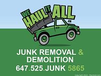 Company logo showing green junk removal truck with text 'We Haul It All', 'Junk Removal & Demolition' and phone number