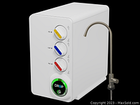 Front view of DROP reverse osmosis unit showing three colored filter knobs, LED display and attached faucet
