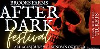 Brooks Farms After Dark Festival title graphic with Halloween skull background and event details.