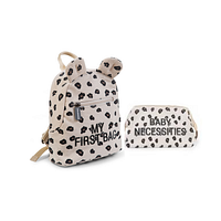 Front view of the My First Bag children's backpack and Baby Necessities toiletry bag in matching leopard print with visible text.