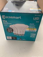 Box displaying Ecosmart 65W replacement LED BR30 bulbs, 4-pack with features and specifications on packaging.