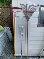 Photo showing three garden rakes: a red metal bow rake with wooden handle, a large black metal leaf rake, and a smaller metal leaf rake with blue head.