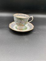 Side and front view of Royal Albert tea cup seated on matching saucer displaying detailed birch tree and floral design with gold accents.