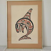 Framed signed limited edition silkscreen print by Roy Henry Vickers titled Blackfish, showing detailed Indigenous-style orca design on cream paper.