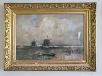 Full view of the watercolour painting inside ornate gold frame showing two windmills, cloudy sky, water and boats.