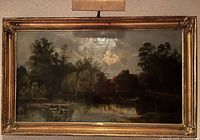 Full view of framed landscape oil painting showing title, artist plaque, scene details