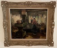 Full front view of framed oil painting depicting a woman by a window in a period interior