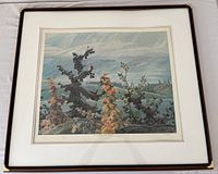 Framed print of landscape titled 'Scrub Oaks and Maple' with artist signature Carmichael and edition number 145/375 visible on the print.