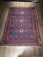 Full view of Persian rug showing overall geometric and floral pattern with red, blue, and white colors.