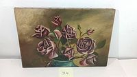 Full view of oil on canvas still life painting of roses in a vase.