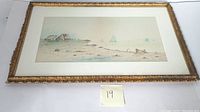 Frontal photo of watercolor beachscape painting showing complete framed artwork and the scale note with number 19.