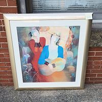 Full view of framed serigraph with faceless musician figures outdoors against brick and window background.