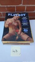 Stack of adult magazines with Playboy visible on top, female cover model with rose