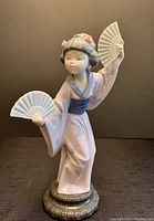 Front view of Lladro Madame Butterfly Geisha porcelain figurine holding two fans, standing on a grey ornamental base.
