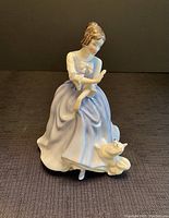 Front view of figurine showing young woman seated with small dog at feet.