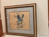 Framed limited edition print showing a blue jay on a branch with detailed foliage, in a wooden frame with double matting.