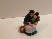 Photo of a hand-painted ceramic miniature figurine depicting an old woman sitting, holding a bunch of colorful balloons and a basket beside her.