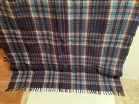 Photo showing the full plaid wool blanket with fringe edges.