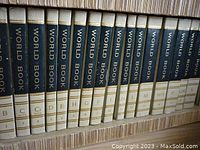 Spines of several World Book Encyclopedia volumes showing alphabetic labels B through S with dark blue and off-white coloring and gold text.