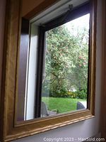 Mirror leaning against a window showing reflection of the outdoors, displaying clear glass and gold frame.