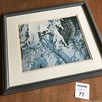 Full view of the framed Robert Bateman owl print showing the matting and frame
