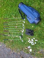 Set of golf clubs laid out on grass along with golf balls, tees, and black golf shoes size 9.5