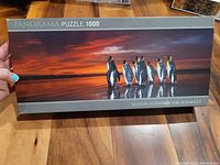 Box of the King Penguins puzzle showing image of penguins on reflective surface with sunset background.