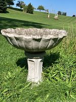 Side view of cement bird bath showing scalloped basin and pedestal base with grass background.