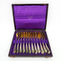 Open case with 12 spoons displayed against purple velvet