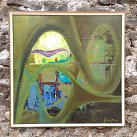 Front view of framed abstract painting showing overall appearance