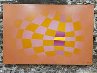 Front view of rectangular painting showing warped grid of peach, yellow, pink, and purple curved squares.
