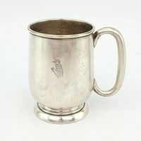 Front and right profile of silver mug on pedestal foot