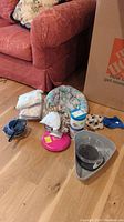 Photo showing cluster of cat bed, bedding, bowls, scale, and cleaning supplies near a red sofa and cardboard box.